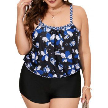 

Plus Size Tankini Swimsuit Flower Geometric Print Swimwear Padded Boyshorts Bathing Suit, Multicolor a