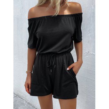 

Off The Shoulder Romper Plain Color Elastic High Waisted Tied Side Pockets Romper, Black