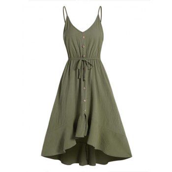 

Plain Color Cami Dress Mock Button High Waisted Tied Flounce High Low Midi Dress, Deep green