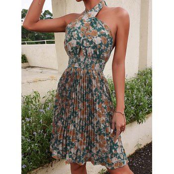 

Flower Print Vacation Dress Crossover Halter High Waist Pleated Dress, Multicolor a