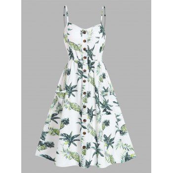 

Pineapple Tropical Leaf Print Vacation Sundress Mock Button Smock Back Pockets Cami Dress, Multicolor a