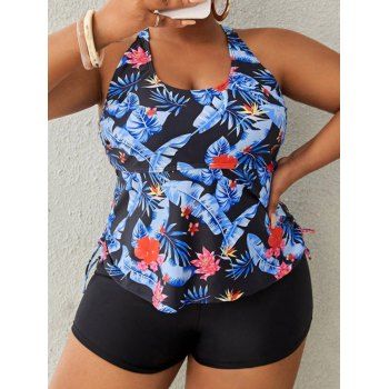 

Plus Size Tankini Swimsuit Flower Leaf Print Swimwear Cinched Boyshorts Modest Bathing Suit, Multicolor a