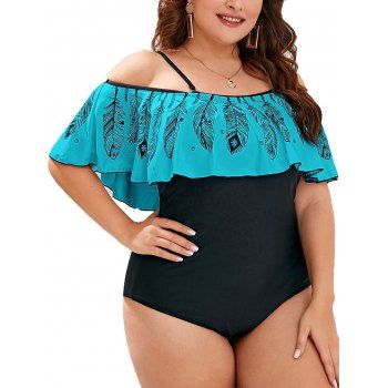 

Plus Size One-piece Swimsuit Colorblock Feather Print Flounce Cold Shoulder One-piece Swimwear, Multicolor a