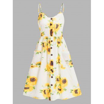 

Sunflower Print Vacation Mini Sundress Smock Back Mock Button Front Pockets High Waist Dress, Multicolor a