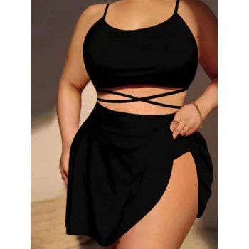 

Plus Size Tankini Swimsuit Plain Color Crisscross Swimwear Padded Spaghettis Strap Skirt Bathing Suit, Multicolor a