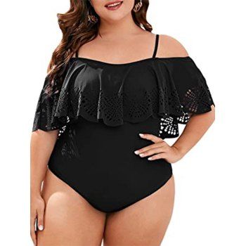 

Plus Size One-piece Swimsuit Plain Color Flounce Cut Out Padded Spaghetti Strap One-piece Swimwear, Black