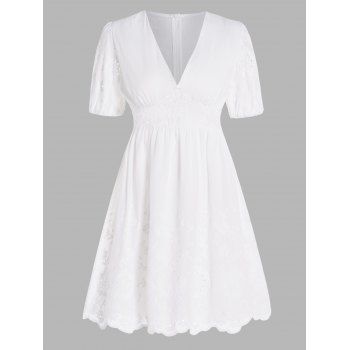 

Embroidery Flower Hollow Out Dress Empire Waist Plain Color V Neck Puff Sleeve A Line Mini Dress, White
