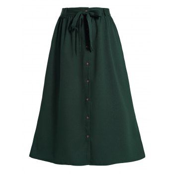 

Plus Size Skirt Solid Color Button Fly Belted Slit High Waisted A Line Midi Skirt, Deep green