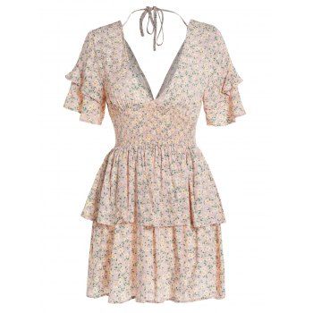 

Ditsy Flower Dress Layered Shirred Empire Waist Plunging Neck A Line Mini Dress, Light pink