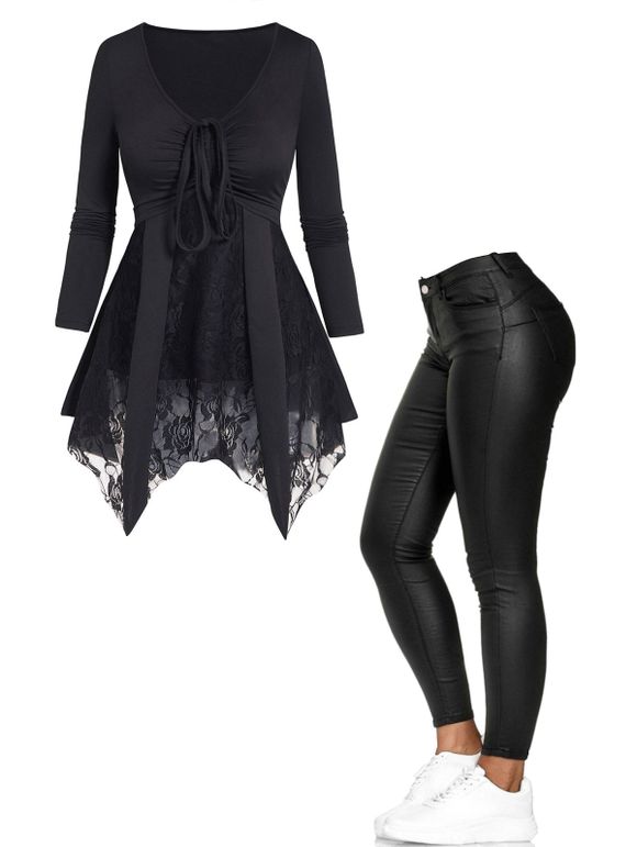Plus Size Cinched Flower Lace Panel Asymmetrical Hem Long Sleeve T Shirt And Solid Color Zip Fly Long Pants Outfit - BLACK L