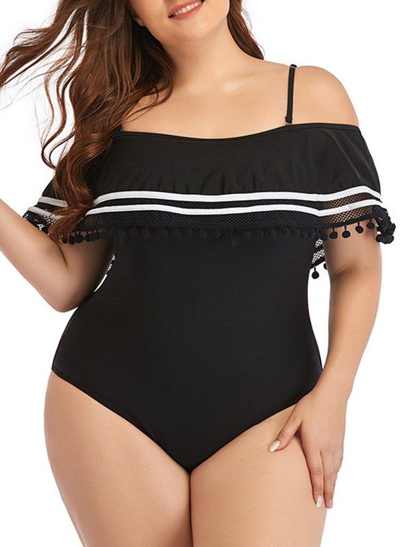 Plus Size Contrasting Stripe Dots Tassel Underwire One-piece Swimsuit Adjustable Straps One-piece Swimwear - BLACK 3XL