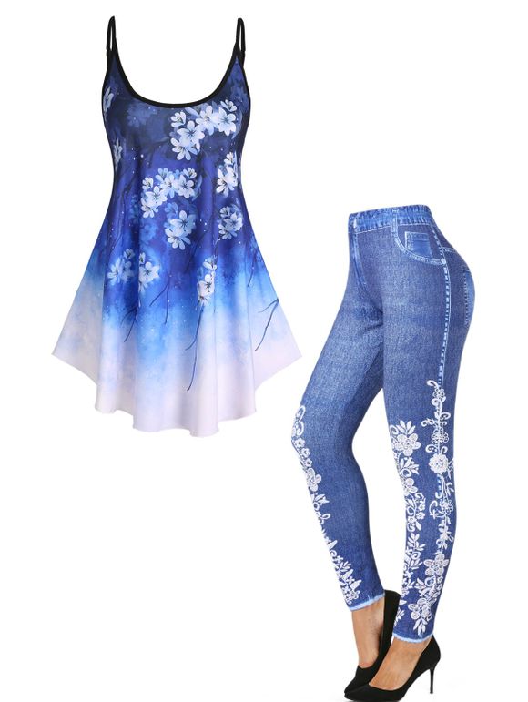 Flower Print Asymmetrical Hem Cami Top And Faux Denim 3D Print Skinny Jeggings Outfit - BLUE S