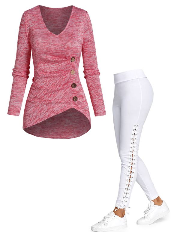 Ensemble avec Haut Boutonné Moulant Irrégulier à Manches Longues à Col V et Pantalon Skinny à Lacets - multicolor S