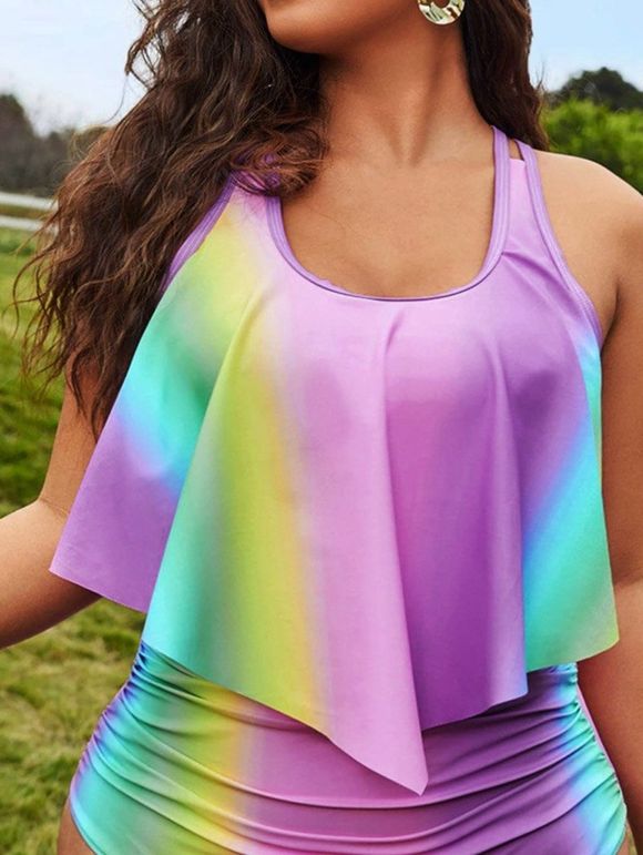 Plus Size Tankini Swimsuit Colored Ombre Flounce Swimwear Padded Tummy Control Bathing Suit - multicolor A 4XL