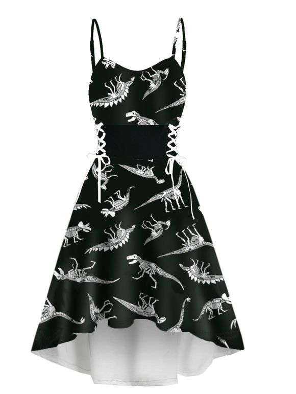 Allover Dinosaur Skeleton Print High Low Dress Adjustable Straps Lace Up A Line Dress - BLACK XXL