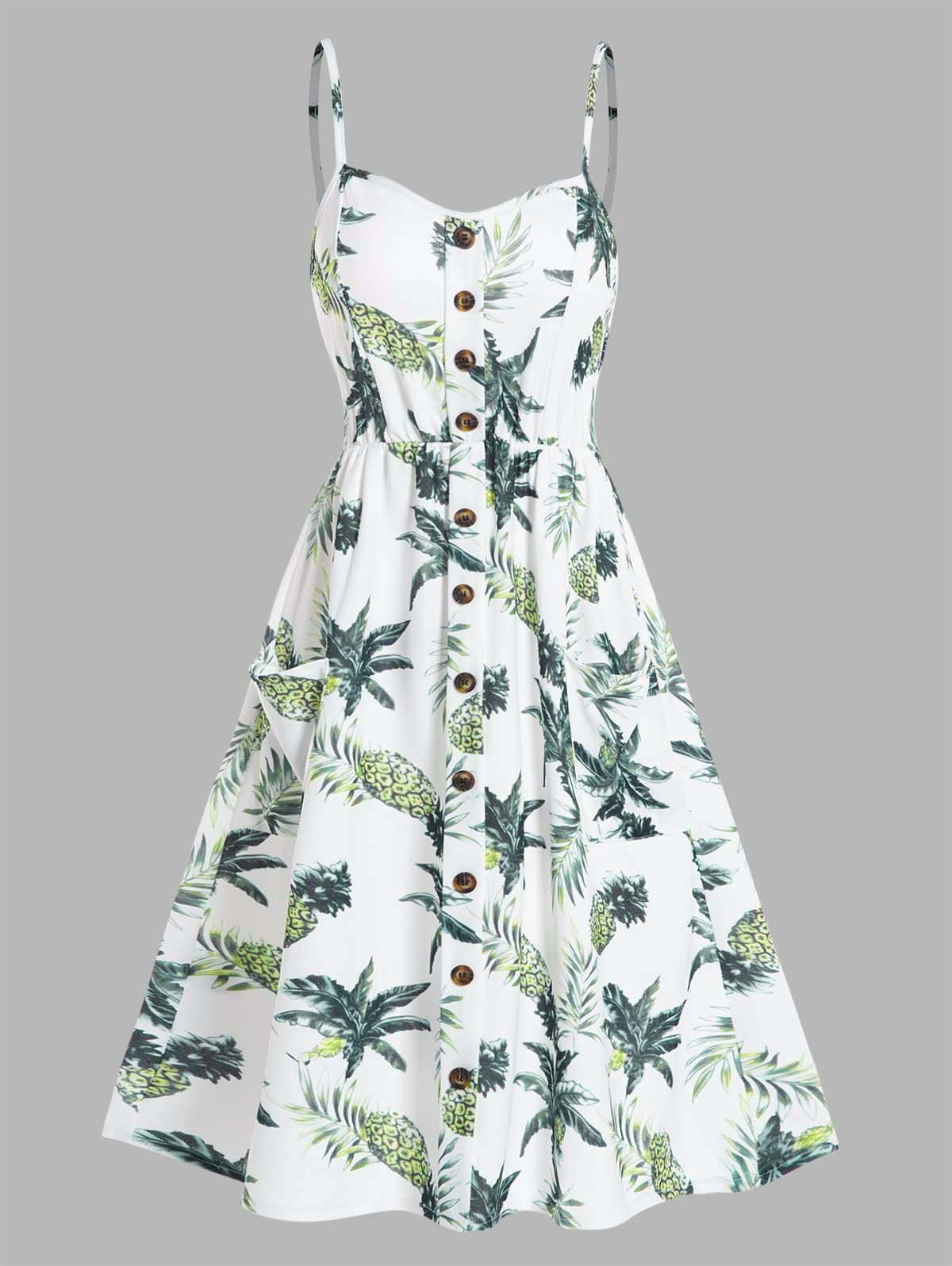 Pineapple Tropical Leaf Print Vacation Sundress Mock Button Smock Back Pockets Cami Dress - multicolor A S