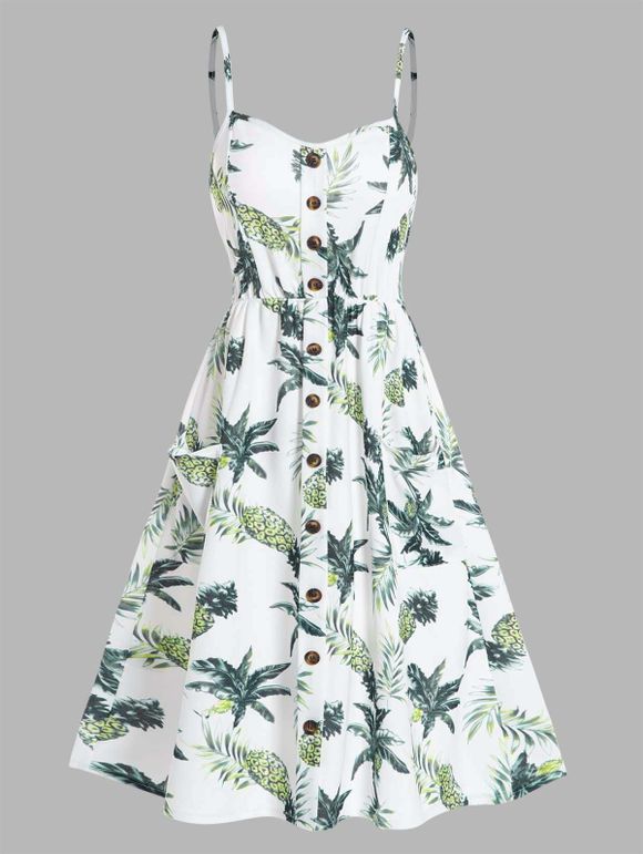 Robe D'Eté de Vacances à Imprimé Feuille Tropicale et Ananas avec Poches Faux Bouton - multicolor A L