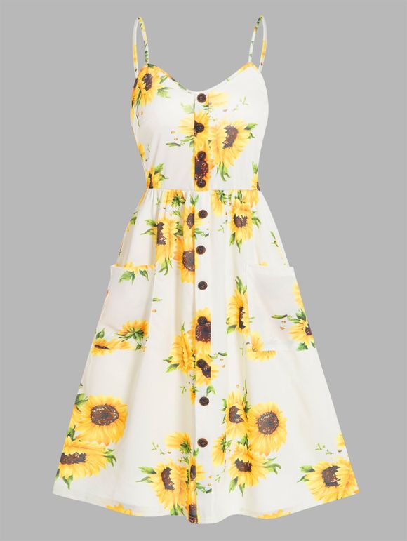 Sunflower Print Vacation Mini Sundress Smock Back Mock Button Front Pockets High Waist Dress - multicolor A XL