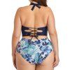 Plus Size Tropical Leaf Print Underwire Tankini Swimsuit Lace Up Halter Tankini Two Piece Swimwear High Waist Bathing Suit - DEEP BLUE 3XL