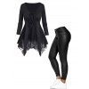 Plus Size Cinched Flower Lace Panel Asymmetrical Hem Long Sleeve T Shirt And Solid Color Zip Fly Long Pants Outfit - BLACK L