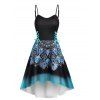 Ombre Flower Print High Low Dress Lace Up Adjustable Spaghetti Strap A Line Cami Dress - BLACK XXL