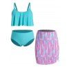 Plus Size Tankini Swimsuit Tummy Control Colored Striped Cinched Skirt Three Piece Swimwear - multicolor A 4XL
