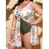 Plus Size One-piece Swimsuit Flower Leaf Print Mesh Overlay Padded High Waisted One-piece Swimwear - multicolor A 4XL