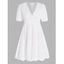 Embroidery Flower Hollow Out Dress Empire Waist Plain Color V Neck Puff Sleeve A Line Mini Dress - WHITE L