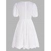 Embroidery Flower Hollow Out Dress Empire Waist Plain Color V Neck Puff Sleeve A Line Mini Dress - WHITE L
