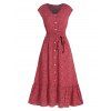 Tiny Floral Print Midi Dress Cap Sleeve Mock Button Belted Flounce High Waist Cottagecore Dress - RED M