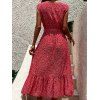 Tiny Floral Print Midi Dress Cap Sleeve Mock Button Belted Flounce High Waist Cottagecore Dress - RED M