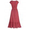 Tiny Floral Print Midi Dress Cap Sleeve Mock Button Belted Flounce High Waist Cottagecore Dress - RED M