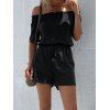 Off The Shoulder Romper Plain Color Elastic High Waisted Tied Side Pockets Romper - BLACK S