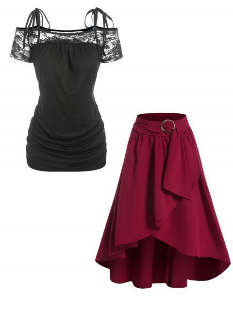 Halter Cinched Lace Up Off The Shoulder Short Sleeve Tee And Overlay Self Belted Ruffle Asymmetrical Midi Skirt Outfit