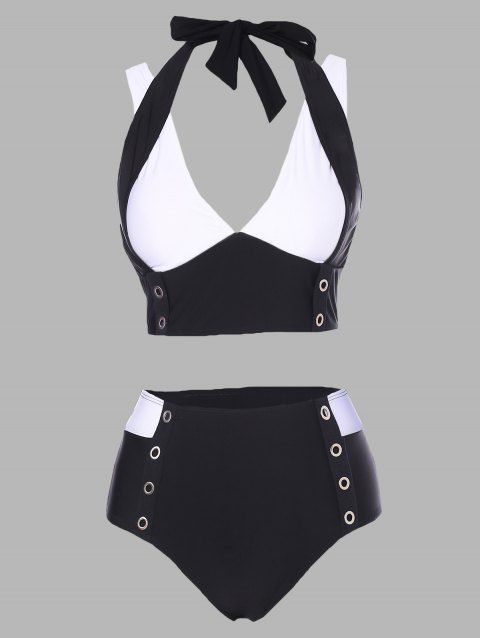 Two Tone Swimsuit Grommet High Rise Halter Padded Tankini Swimwear Set