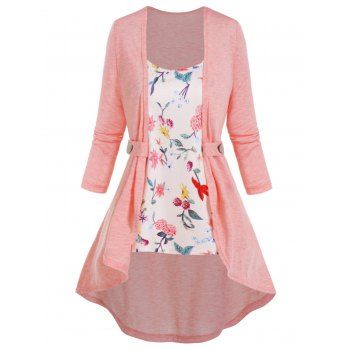 

Asymmetric Long Sleeve Mock Button Top And Allover Flower Print Adjustable Straps Camisole Two Piece Set, Light pink