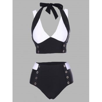 

Two Tone Swimsuit Grommet High Rise Halter Padded Tankini Swimwear Set, Black