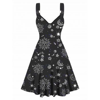 

Celestial Sun Moon Star Allover Print V Neck O Ring Strap Casual A Line Dress, Black