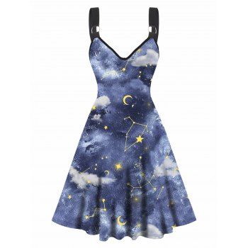 

Moon Constellation Night Sky Allover Print Dress O Ring Casual A Line Dress, Blue