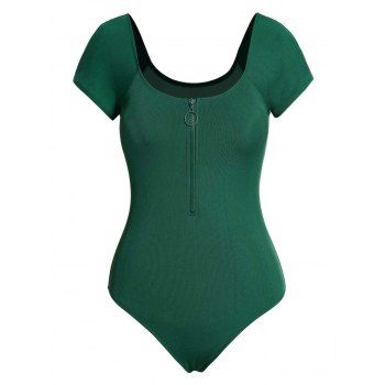 

Half Zipper Textured Short Sleeve One-piece Swimwear Solid Color Padded One-piece Swimsuit, Deep green