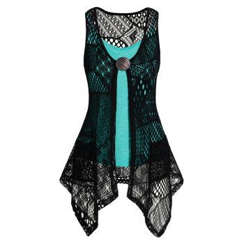 

See Thru Hollow Out Pockets Asymmetric Top And Adjustable Strap Camisole Two Piece Set, Green