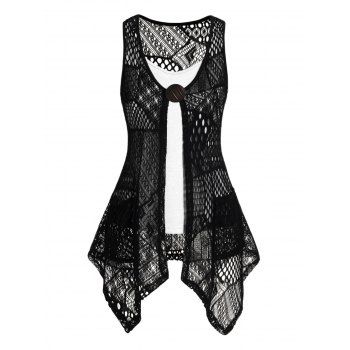 

See Thru Hollow Out Pockets Asymmetric Top And Adjustable Strap Camisole Two Piece Set, White