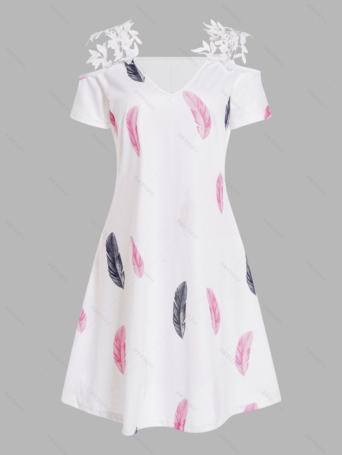 Colored Feather Print Dress Guipure Lace V Neck Cold Shoulder A Line Mini Dress - multicolor A 2XL