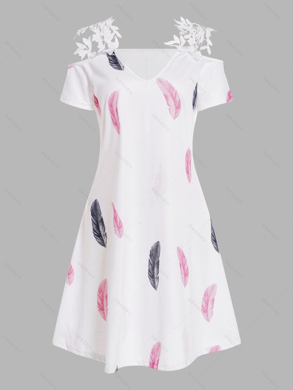 Colored Feather Print Dress Guipure Lace V Neck Cold Shoulder A Line Mini Dress - multicolor A XL