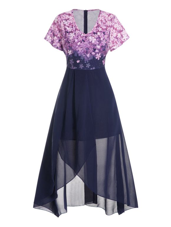 Robe Mi-Longue Asymétrique à Imprimé Fleur à Taille Haute Manches Courtes à Col V en Mousseline - multicolor A XL