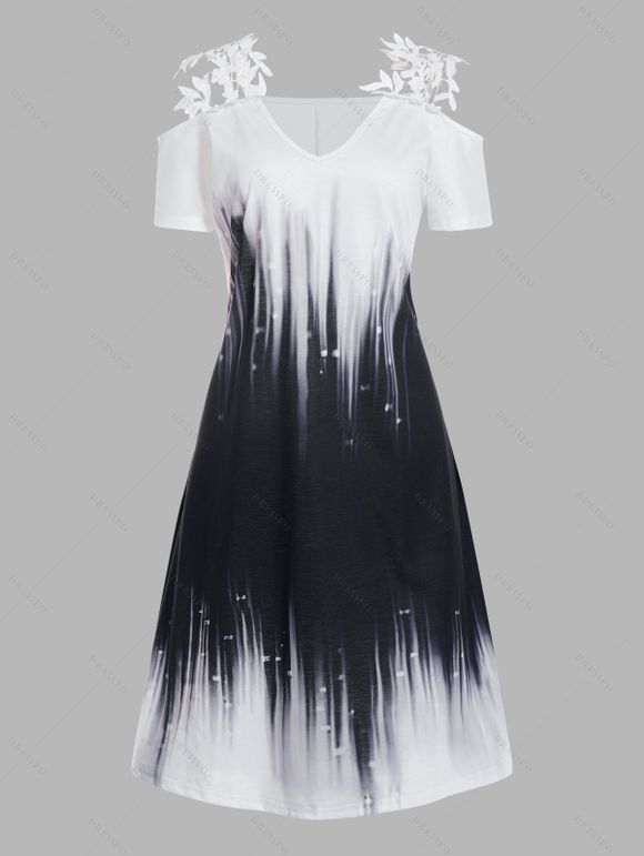 Ombre Dress Cold Shoulder Lace Guipure Insert V Neck A Line Midi Dress - multicolor A 2XL