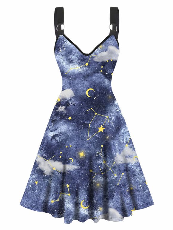 Robe Ligne A Décontractée à Imprimé Constellation Ciel de Nuit et Lune Anneau en O - Bleu XL