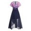 Flower Print Chiffon Dress High Waisted V Neck Short Sleeve Asymmetrical Midi Dress - multicolor A XL