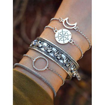 5Pcs Compass Moon Round Ring Chain Bracelets Set