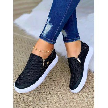 Zipper Slip On PU Flat Platform Casual Sport Sneakers, Black